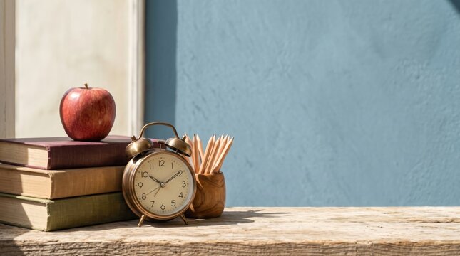 Stacked vintage books with a red apple, alarm clock and pencils on a rustic desk against a blue classroom wall