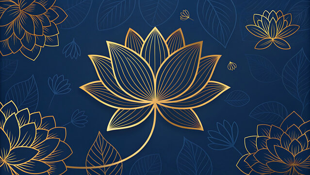 Elegant golden lotus flower pattern on blue background