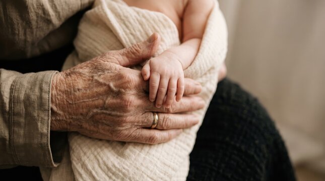 Tender elderly hands holding a newborn baby's tiny hand in an intimate multigenerational family moment