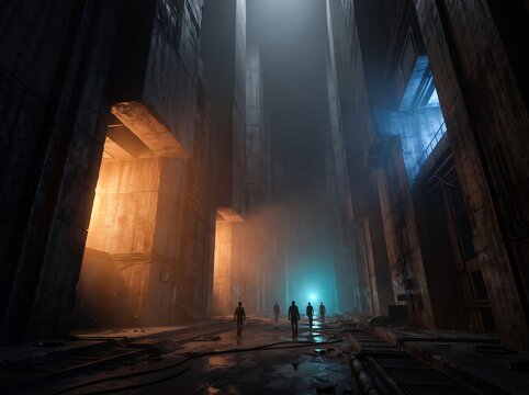 Wanderers approach an ethereal glowing aperture set within colossal sheer concrete monoliths that stretch upward into heavy fog