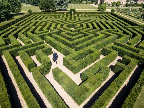 Walking through a complex geometric hedge maze set in an estate garden, representing business strategy, critical thinking, and professional growth.