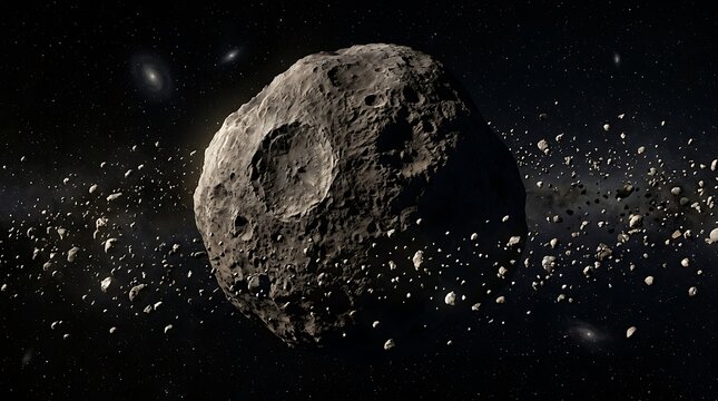Large cratered asteroid surrounded by a dense field of debris in deep space.