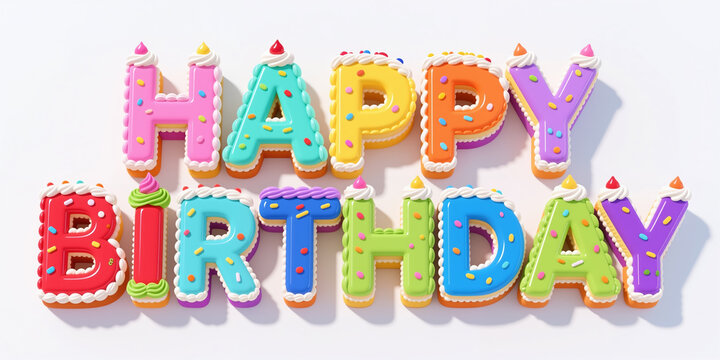 Festive holiday illustration of a birthday celebration, featuring bright colorful cookies in a playful, cartoonish style, on a plain white background.