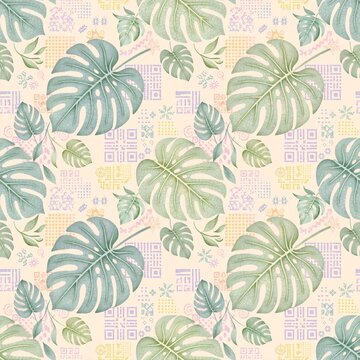 Seamless pattern featuring Monstera deliciosa leaves combined with pastel geometric shapes and abstract digital square codes on a light background
