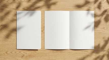 Fototapeta premium Blank white paper card and open trifold brochure mockup with natural leaf shadows on a light wooden table, top view. Minimalist elegant design template for branding, presentations, and advertising.