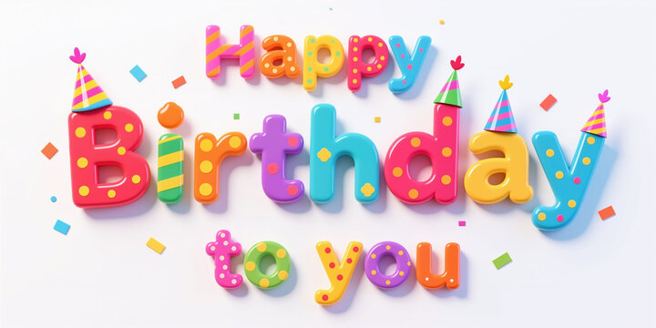 Vibrant birthday illustration with Happy Birthday to You in playful, polka-dotted letters, party hats, and confetti on a white background, celebrating a joyful holiday.