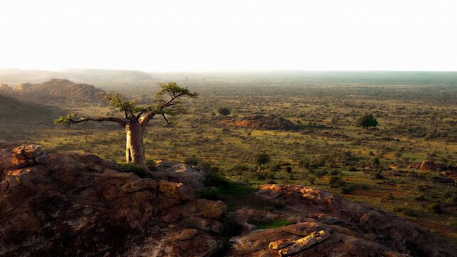 Majestic baobab tree stands tall on rocky outcrop overlooking savanna landscape