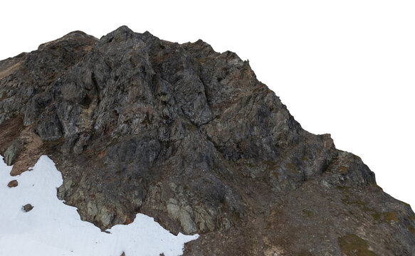 Isolated Rocky Mountain Cliff With Snow Patch And Rugged Textured Rock Face In Alpine Terrain