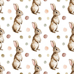 Obraz premium Seamless pattern with cute watercolor bunnies and colorful polka dots.