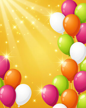 Vibrant balloons in pink, orange, green, and white float against a bright yellow background with shining stars and sunbeams on a special birthday celebration.