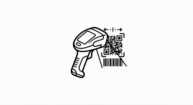 Barcode scanner scanning QR code and barcode icon isolated on white background. Black line vector symbol of handheld code reader for inventory and retail interface.
