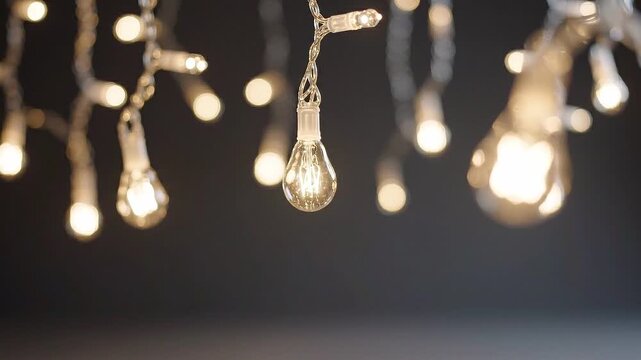 Glowing string light hanging against dark background. Decorative electric lamp bulb for holiday party. Festive illumination concept for celebration and home decor.