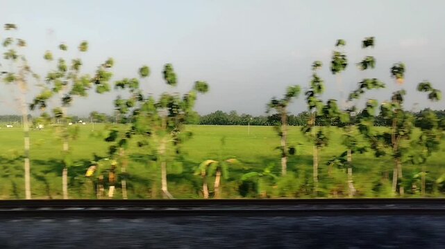 Sunset view outside the window from a moving train. traveling by train transportation