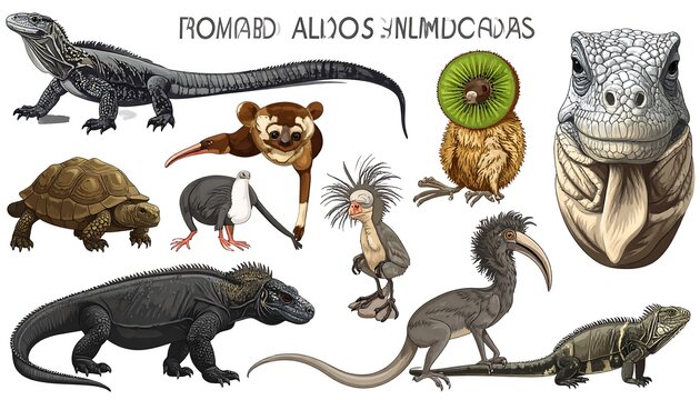 Prehistoric dinosaurs and mammals illustration set.