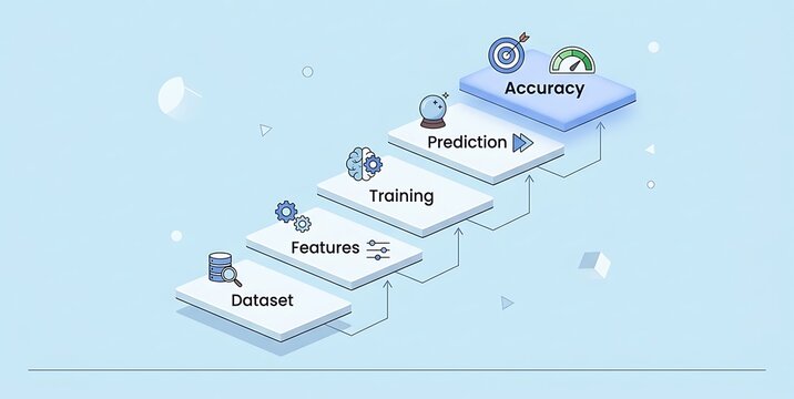 Machine learning workflow staircase diagram illustrating sequential data processing steps for artificial intelligence development process