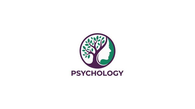 Animated logo with text PSYCHOLOGY and a circular graphic of a tree growing from a profile silhouette, clean motion background