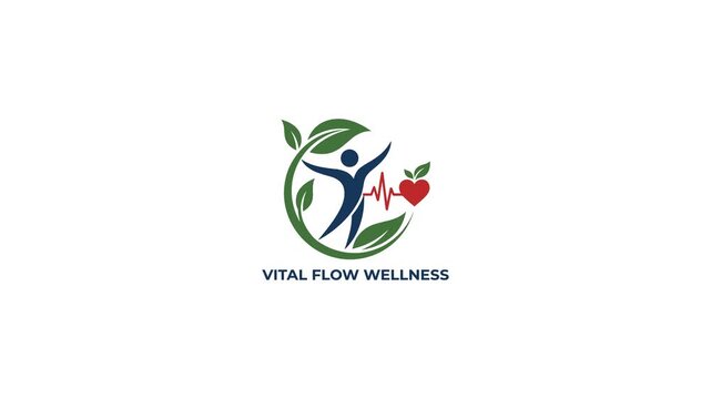 Animated logo with a human figure, heart, pulse line, and leaves, representing health and wellness. Clean motion graphics.