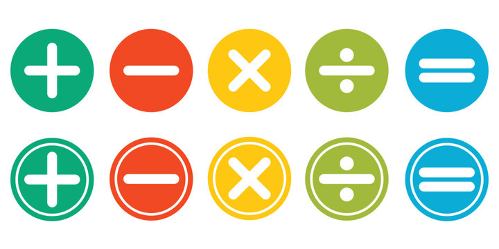 Set of colorful oval math symbols including addition subtraction multiplication division and equals signs for educational design projects