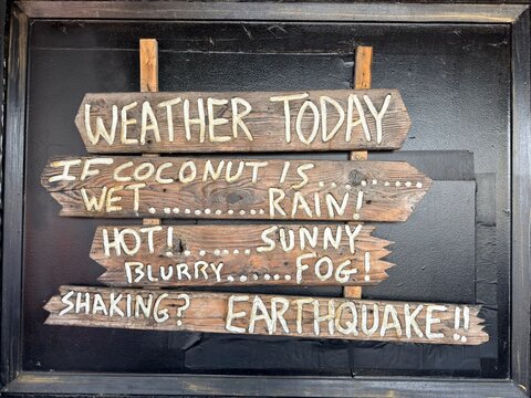 Humorous weather coconut wooden sign predicting rain fog and earthquakes