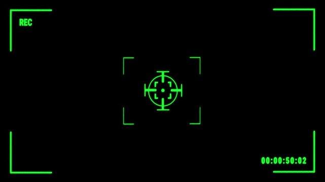 Military Digital Green Camera HUD Recording Interface with Crosshair. 4K Video