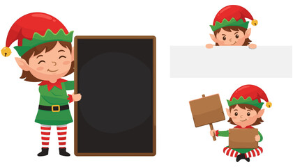 Cute Christmas boy elf cartoon character vector set holding empty blackboard wooden sign post and blank banner template isolated on white background