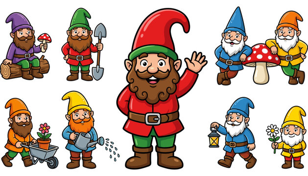 Cute garden gnome cartoon character vector collection featuring funny bearded dwarfs gardening with wheelbarrow watering can lantern shovel mushrooms isolated on white background