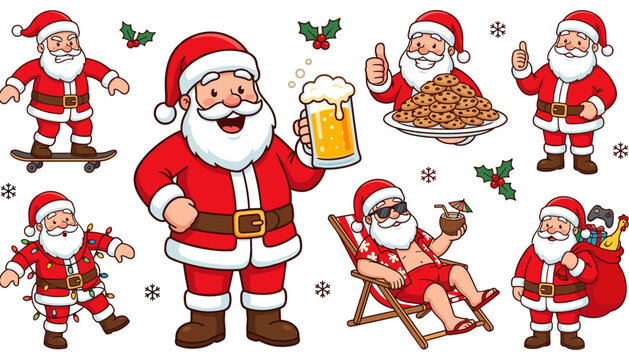 Funny Santa Claus character vector set showing funny summer vacation theme skateboarding drinking beer holding cookies tangled in lights isolated on white background