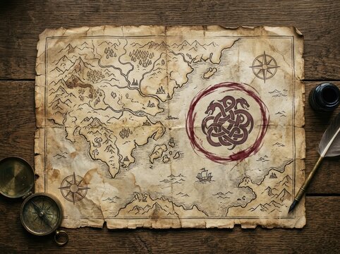 Ancient Map Highlighting Mythical Creatures And Legendary Beasts From Folklore And Fantasy