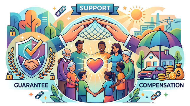 Social security and family protection concept with shielding hands and financial icons