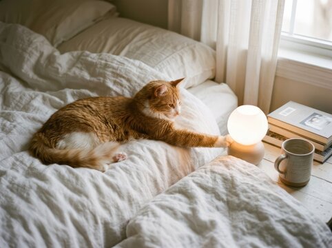 Curious Cat Touching A Modern Bedside Lamp In A Cozy Bedroom Setting