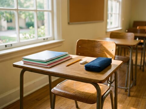 Empty Classroom Desk And Chair In A Quiet, Sunlit Educational Setting, Ready For Learning.