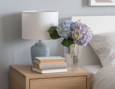 minimalist bedside table with lamp books and hydrangea flowers