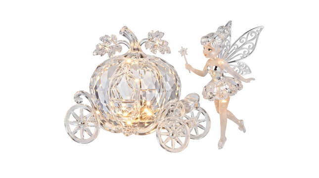 Sparkling crystal pumpkin carriage with a fairy, magical holiday decoration.