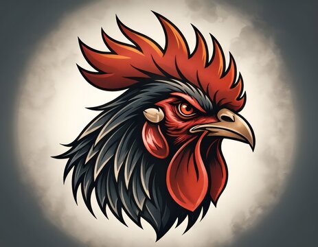 Angry rooster head illustration with dramatic lighting and flame shaped comb