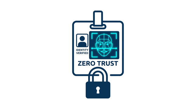 A security badge illustration representing zero trust network access with facial recognition verification and padlock protection