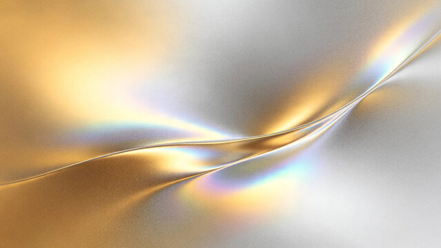 Abstract grainy background with luxurious fluid metallic holographic waves in gold and silver chrome gradient colors for creative presentation design web backdrops.