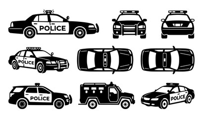 Police Emergency Vehicle Vector Icon Set with Patrol Cars and Armored Truck Views for Law Enforcement, Security, and City Map Designs © Munna