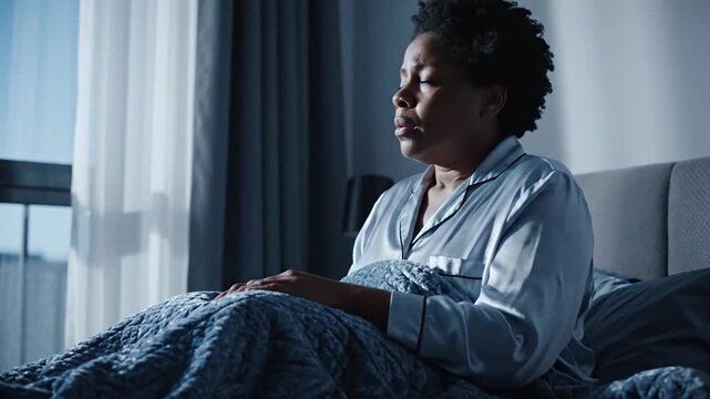 Distressed Woman In Pajamas Sitting In Bed At Night Looking Thoughtful