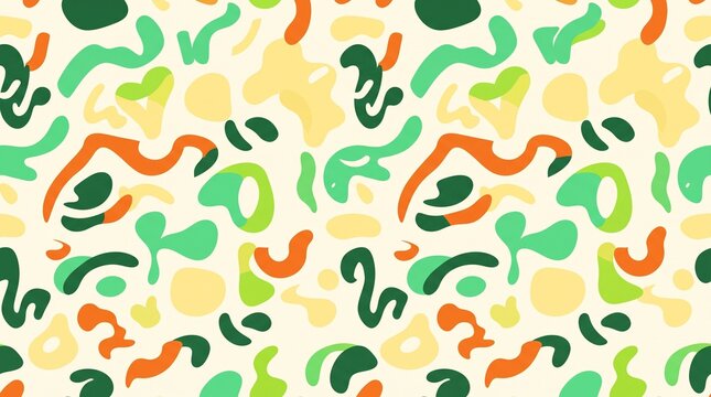Seamless pattern with abstract organic shapes in vibrant green and orange colors.