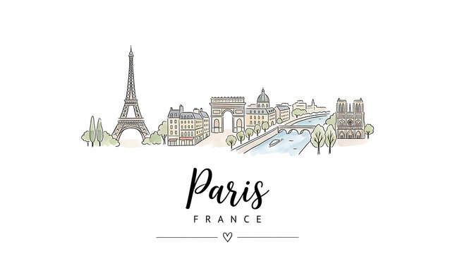 Stylized Sketch of Paris Landmarks Featuring Eiffel Tower Notre Dame and Seine River in Minimalist Line Art Style