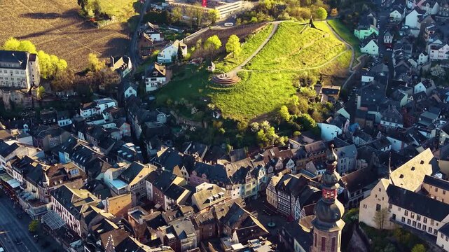 Aerial view around the city and old town of Cochem in Germany Rhineland-Palatinate on a sunny spring afternoon beside the mosel river 