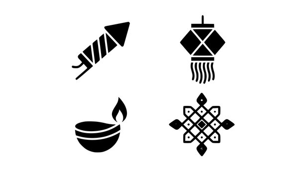 Diwali festival celebration black silhouette vector icons set with oil diya lamp firework rocket lantern and kolam rangoli