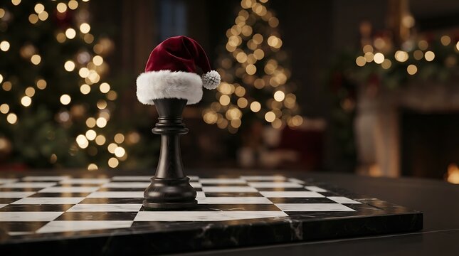 Christmas Chess King with Santa Hat on Checkered Board