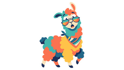 Naklejka premium Cool funny colorful llama cartoon character wearing sunglasses isolated vector illustration animal