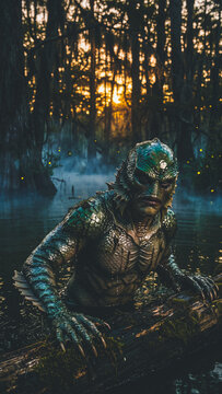 Halloween swamp creature emerges from water at dusk