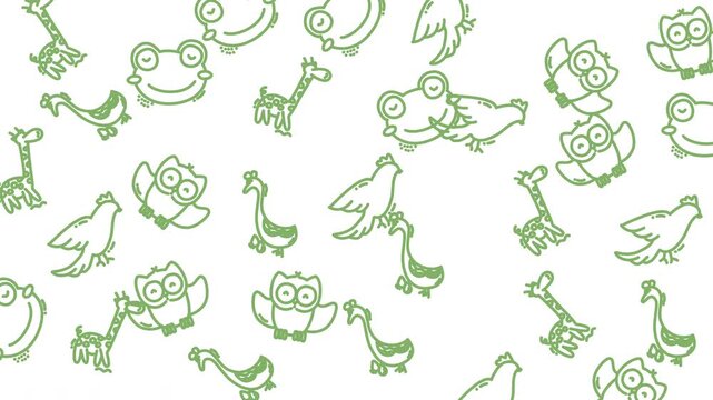 plain white background Green outlined drawings of cute frogs, owls, giraffes, ducks, and birds on a white background pattern. Perfect for childrens products and designs.