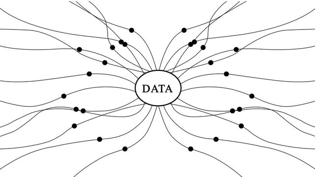 Data centralization concept: animated network connections flowing from a central hub, digital information processing and connectivity visualization