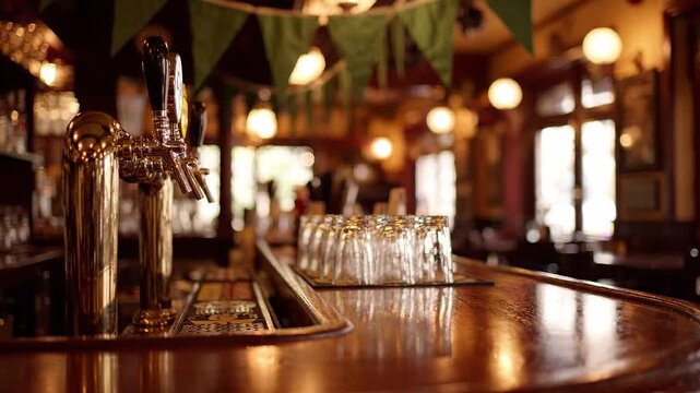Empty pub interior with golden beer taps and glass rows on wooden counter. Traditional bar setting decorated with green bunting for a festive holiday event.
