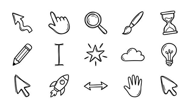 Hand drawn doodle cursor and web tools icon set isolated on white background for creative design
