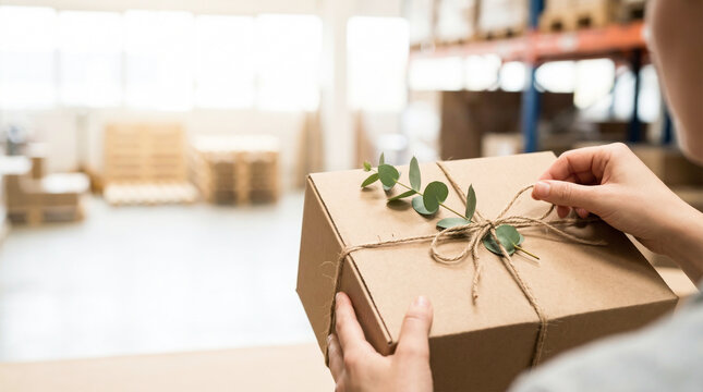 Woman packing cardboard box with green eucalyptus sprig in bright warehouse